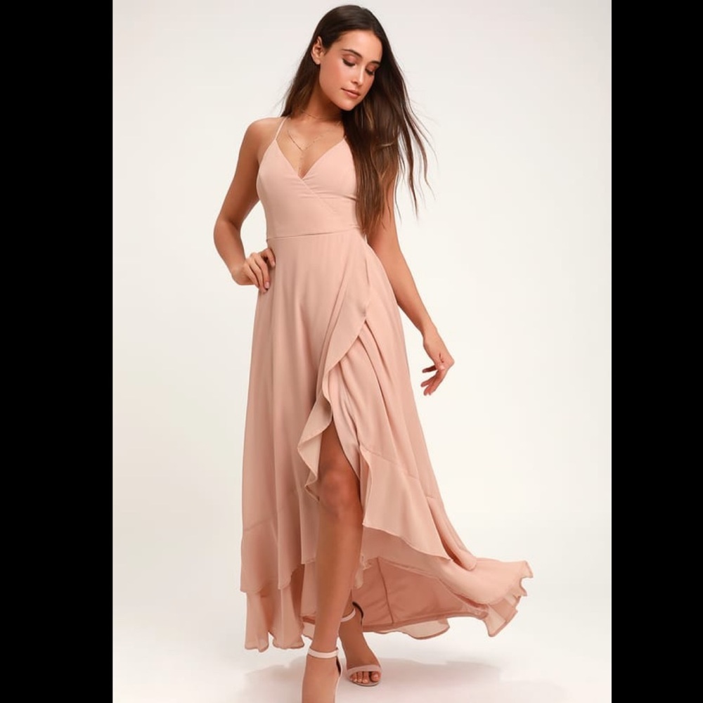 Lulus’s Nude Lace-up High-Low Maxi Dress